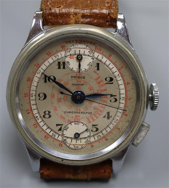 A gentlemans mid 20th century steel Pierce chronograph manual wind wrist watch,